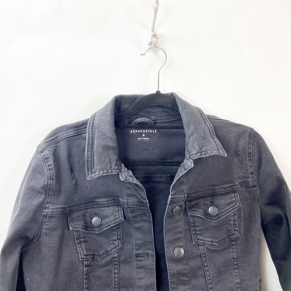 2/$30 Aeropostale Medium Womens Black Wash Seriously Stretchy Denim Jean Jacket - Picture 4 of 12
